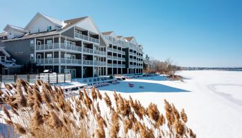 A snowy landscape with a lakeside building and tall grasses in the foreground under a clear blue sky.