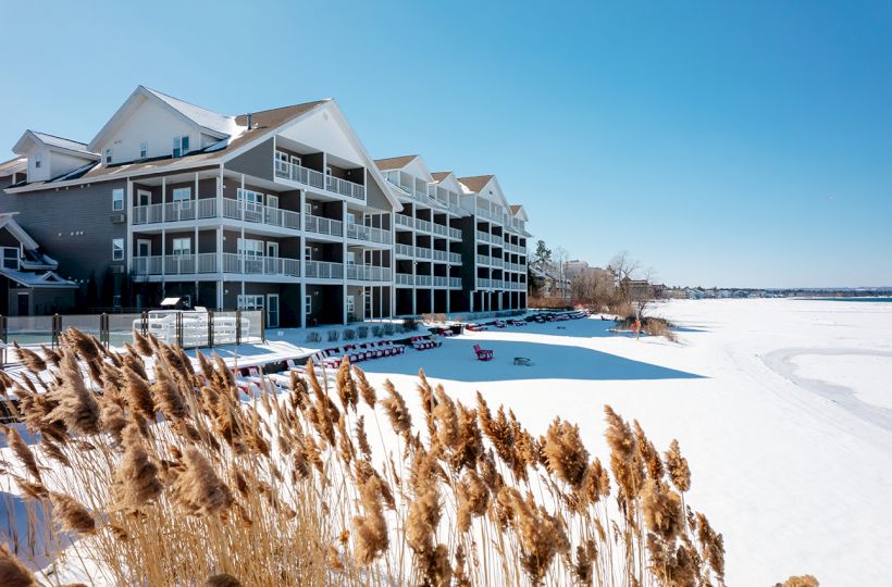 A snowy landscape with a lakeside building and tall grasses in the foreground under a clear blue sky.