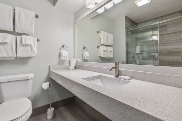 The image shows a modern bathroom with a large mirror, a countertop sink, a toilet, and towels neatly hung on the wall and a towel ring.