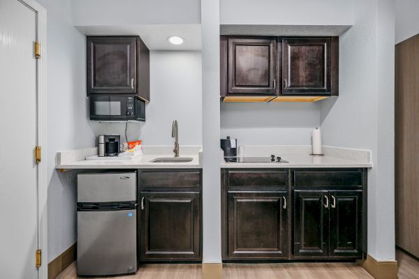 A compact kitchenette with dark cabinets, a sink, a microwave, a mini-fridge, and a two-burner stove. There is also a coffee maker and a paper towel holder.