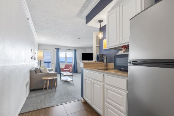 This image shows a modern open-concept living area with a small kitchen, a couch, a TV, and a window with a view.