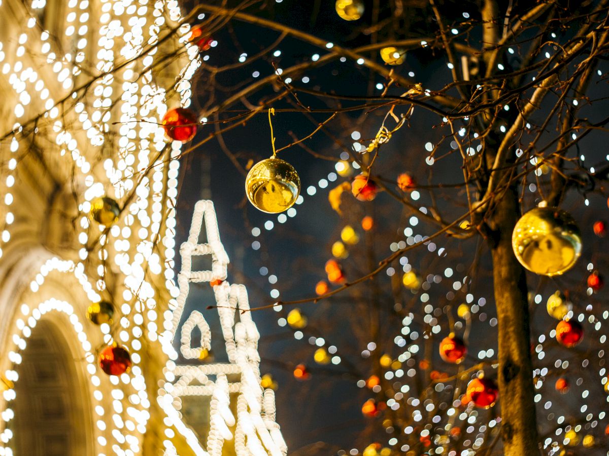 The image shows a festive outdoor scene with numerous lights and ornaments hanging on trees, creating a warm and celebratory atmosphere.