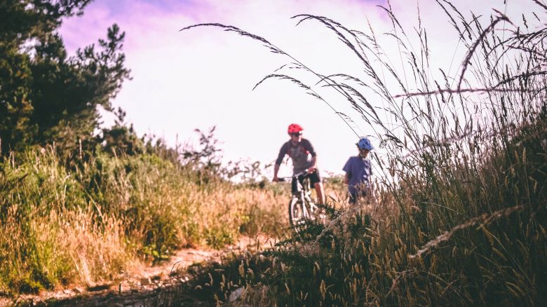 Two people are biking on a trail surrounded by tall grass and trees under a pinkish sky.