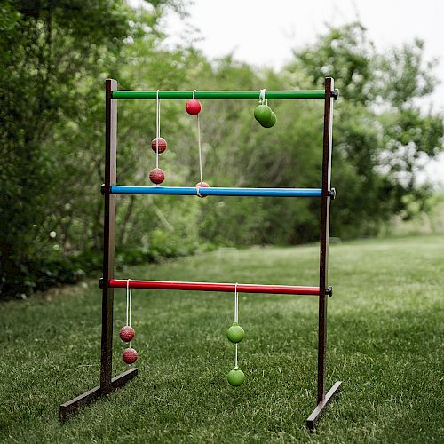 The image shows an outdoor ladder toss game set up on a grassy area with trees in the background, featuring bolas hanging from the rungs.