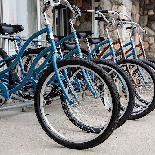 A row of blue bicycles is lined up outside a stone building, all resting on a sidewalk with their wheels aligned in a neat row.