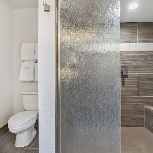 The image shows a modern bathroom with a toilet, towel rack, and a walk-in shower with a frosted glass partition and gray tiled walls and floor.