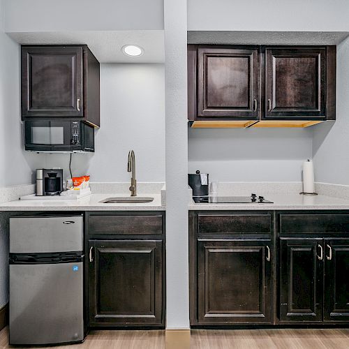 A compact kitchen with dark cabinets, mini-fridge, microwave, sink, counter space, electric stove, coffee maker, and paper towel holder.