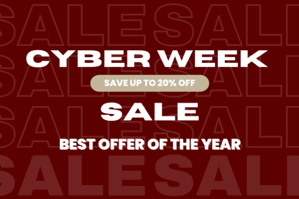 The image promotes a Cyber Week sale with a 20% discount, branding it as the best offer of the year. Sale text is repeated in the background.