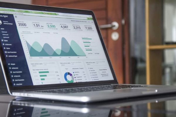 A laptop displaying data analytics dashboard with charts and graphs, showing various metrics in a modern office setting.